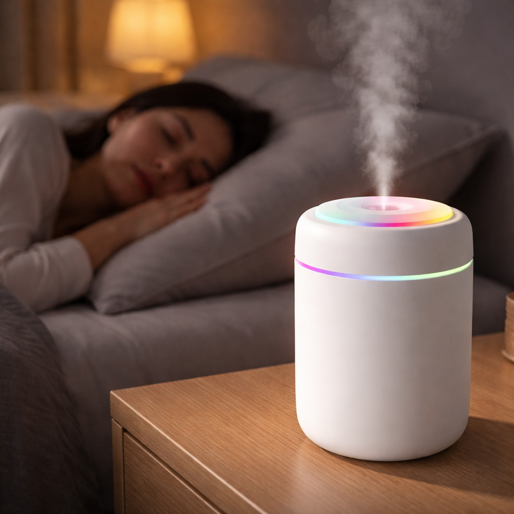 Woman sleeping in bed with a humidifier on a nightstand emitting steam.