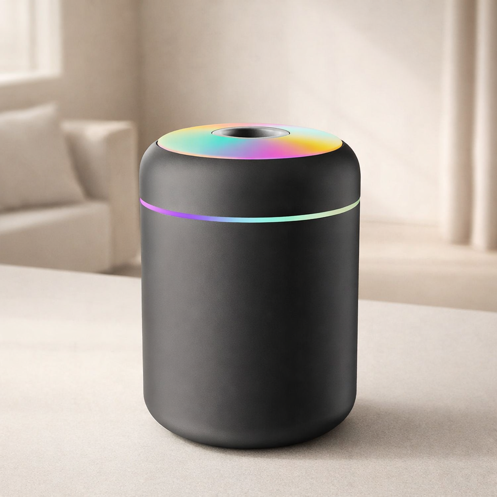 Black cylindrical device with colorful top on a light surface