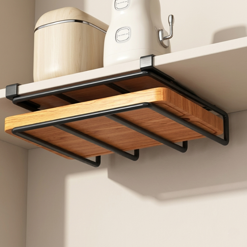 Wooden shelf with metal brackets attached to a kitchen cabinet.