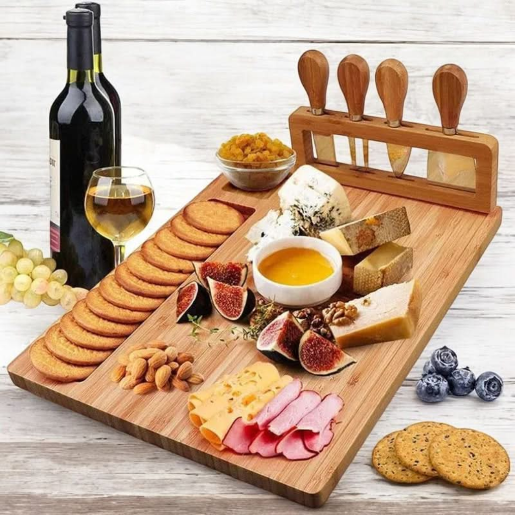 Wooden Serving Board Set - Elegant Design with Built-In Knife Holder 0