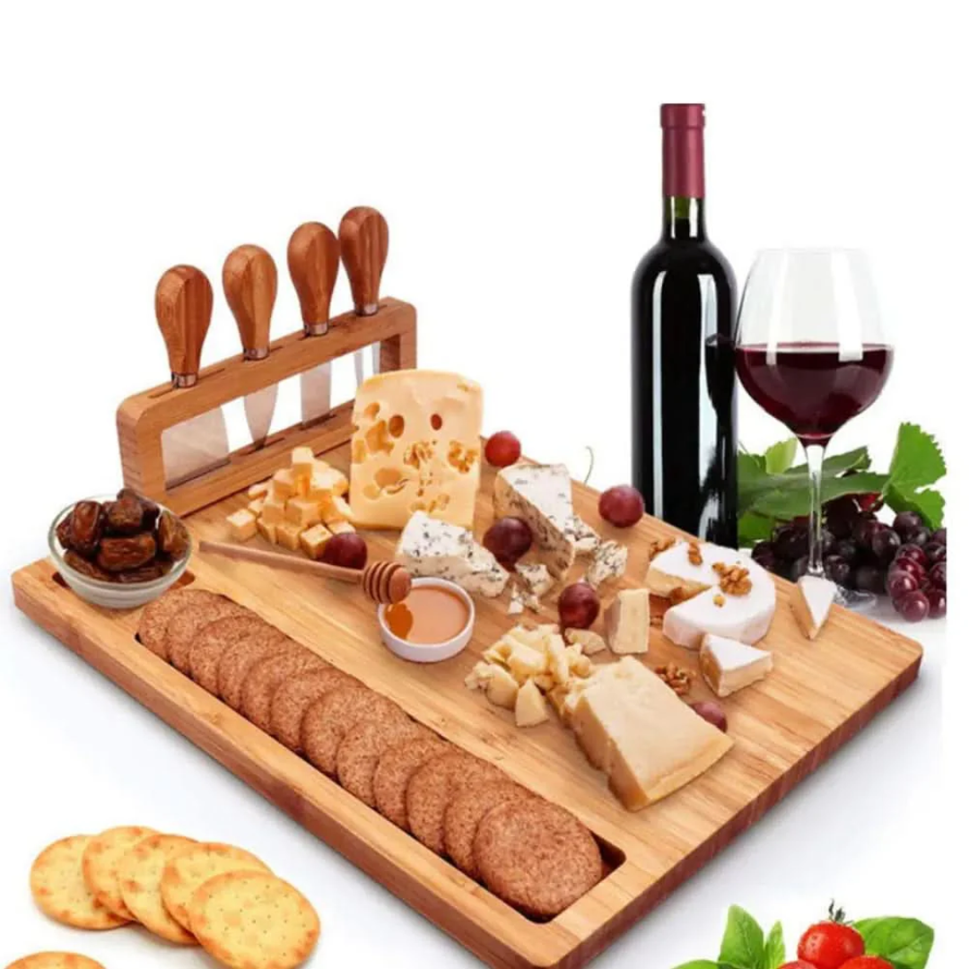 Wooden Serving Board Set - Elegant Design with Built-In Knife Holder 3