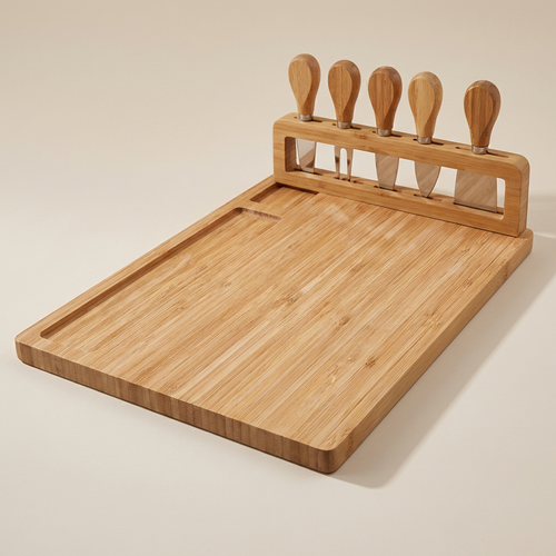 Wooden cutting board with knife holder on a beige background