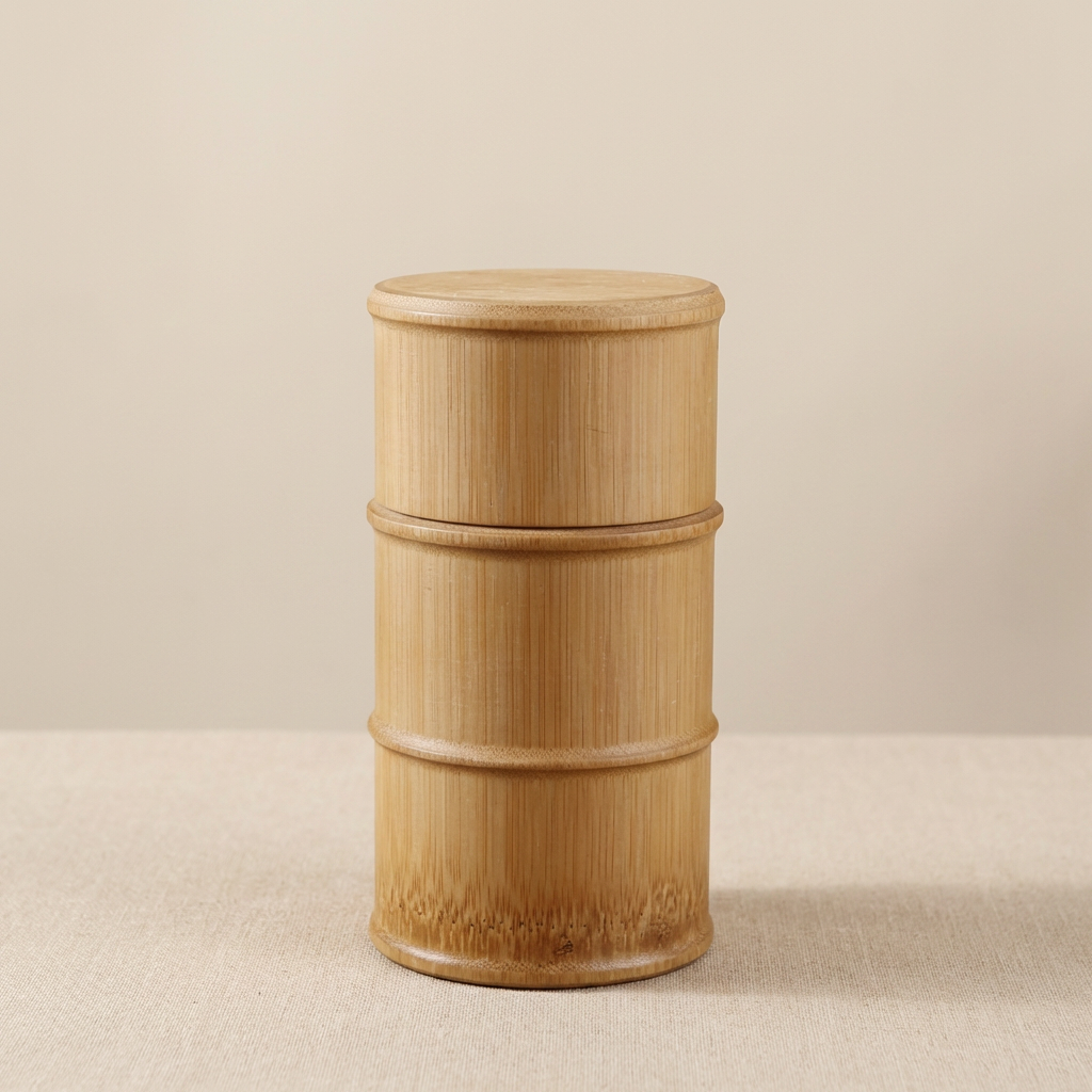 Wooden cylindrical container on a beige background